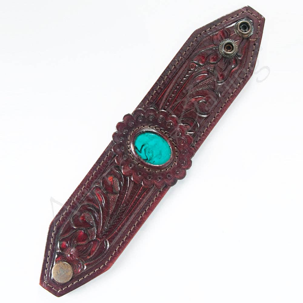 Hand Tooled Leather Cuff Bracelet - Maroon Floral Design with Turquoise Stone
