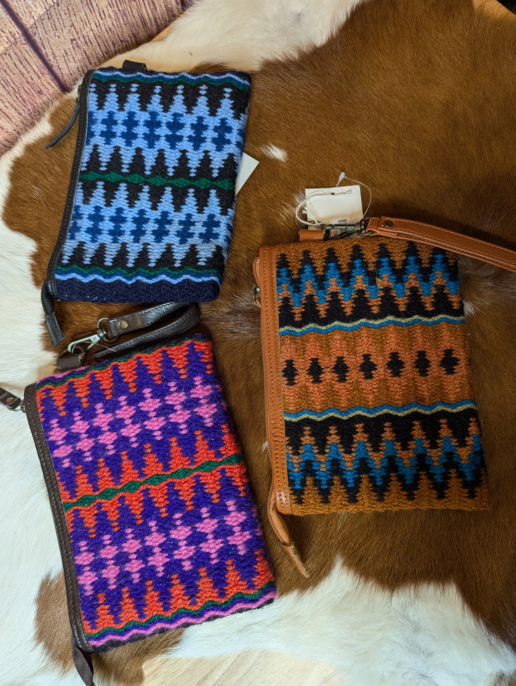 Hand Tooled Leather & Saddle Blanket Wristlet, Lined