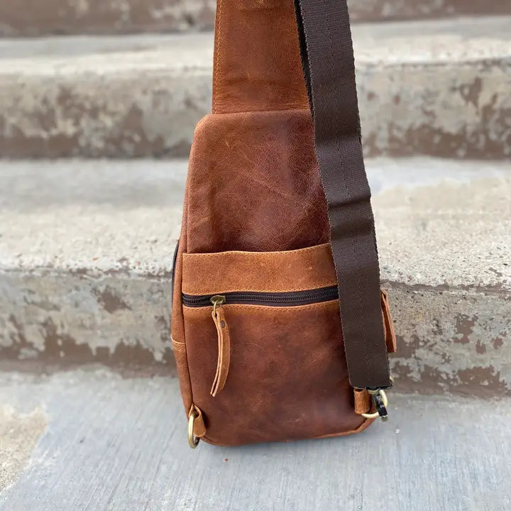 Unisex leather sling bag made from real cowhide leather