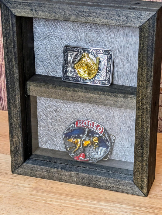 Handcrafted solid wood buckle display case with burnt hickory finish, genuine cowhide backing, and removable glass front – holds two trophy buckles