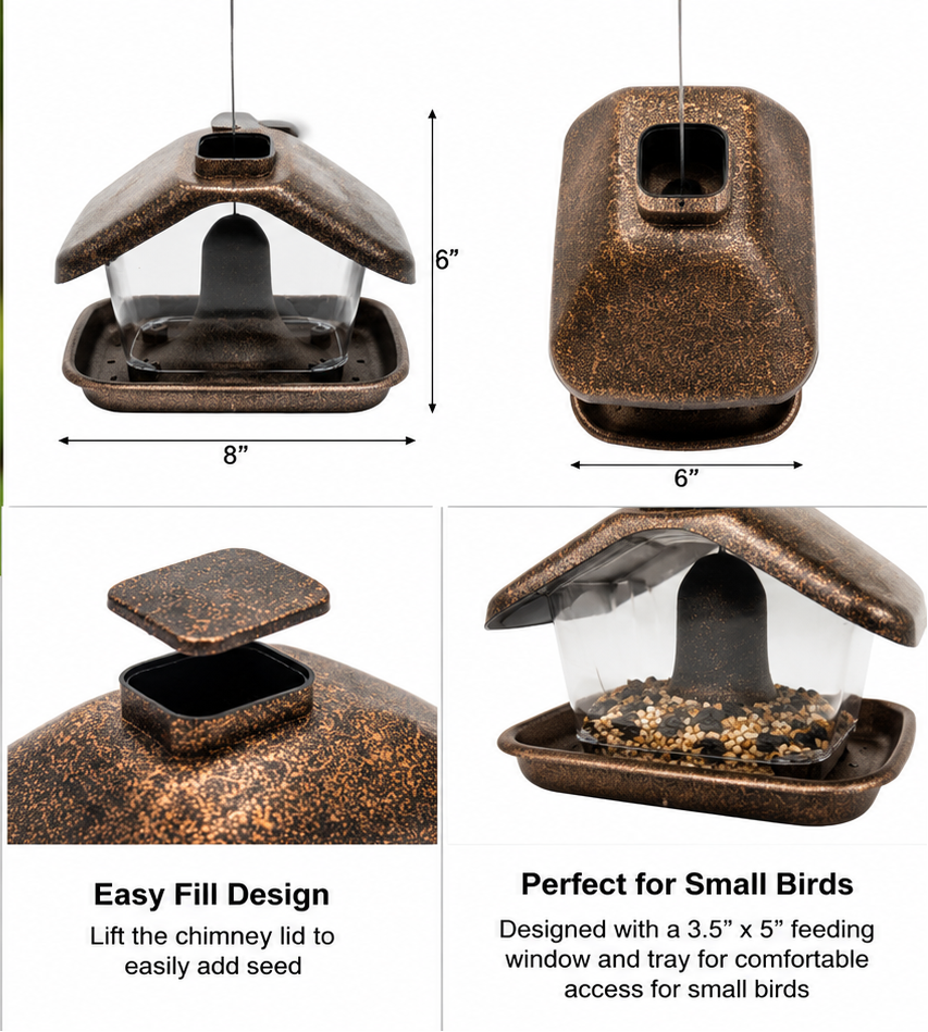 Hanging Wild Bird Feeder with measurements and features listed.