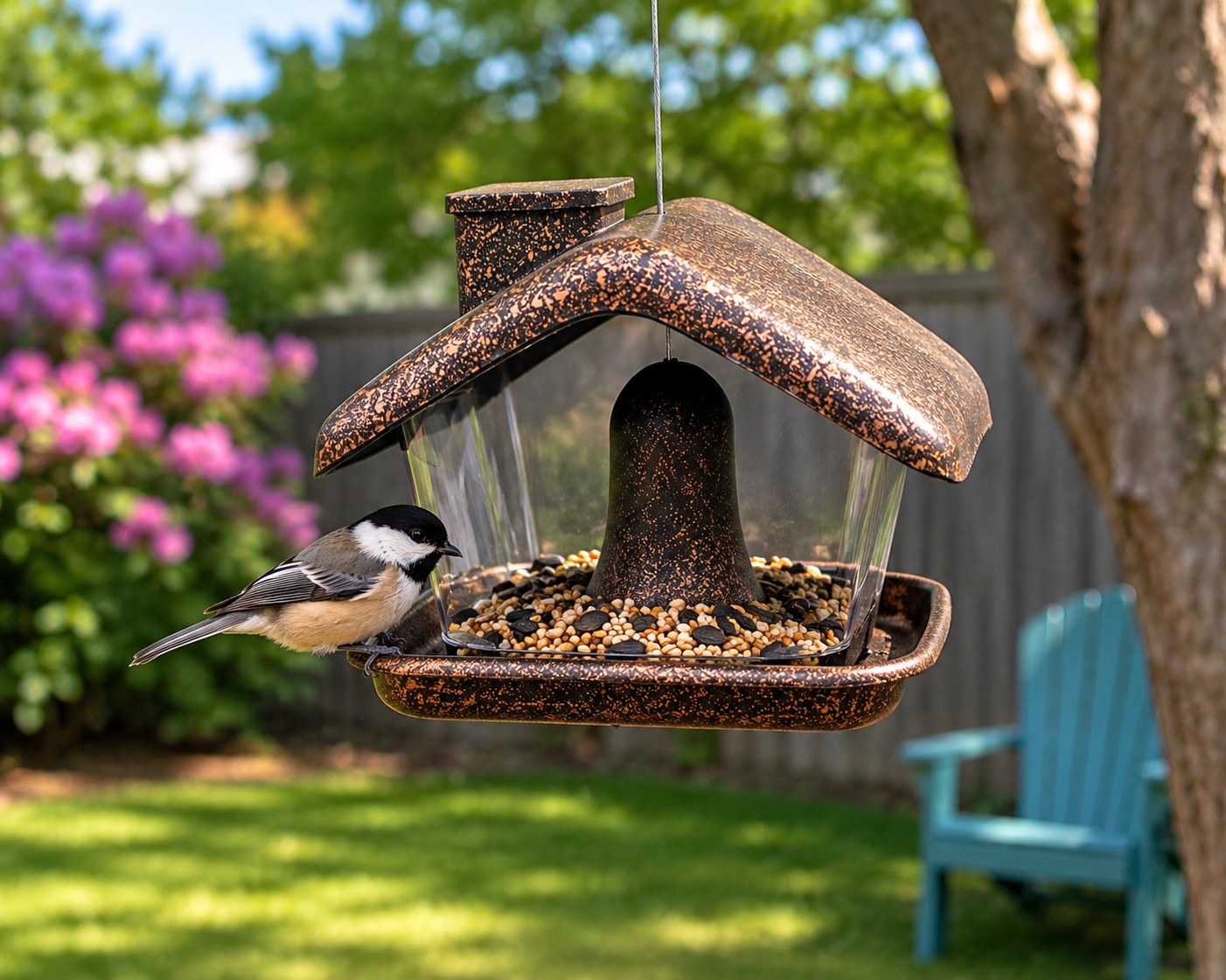 Bird feeder with a bird perched on it, set against a garden backdrop with flowers and a chair.