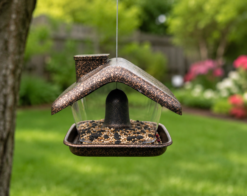 Bird feeder hanging from a tree with a garden in the background