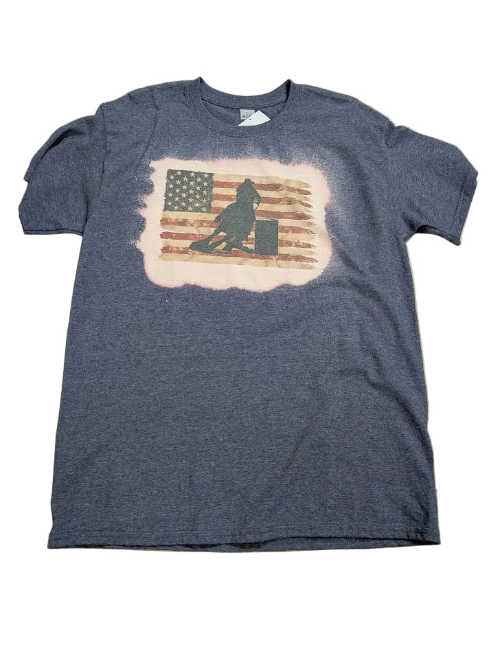 Heather Gray graphic short sleeve top with a Barrel racer on it and a white background.