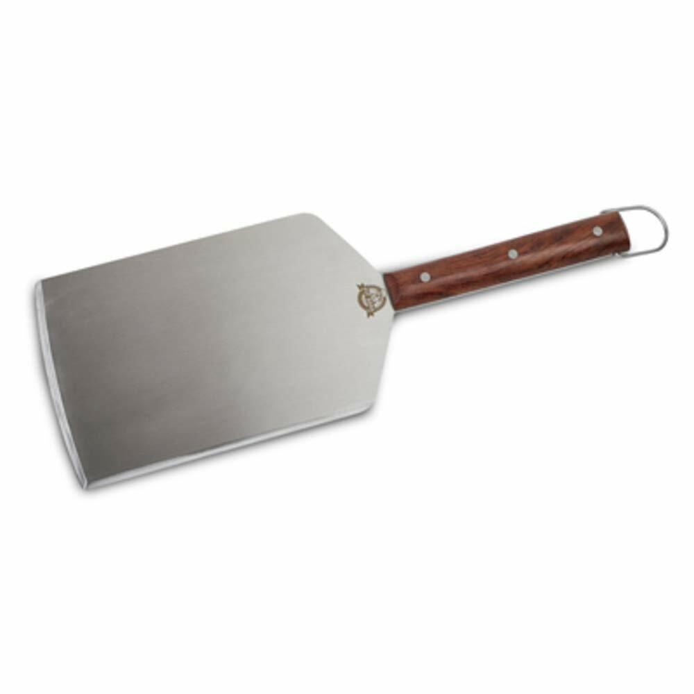 Heavy-duty grilling spatula with wood handle for outdoor barbecue cooking