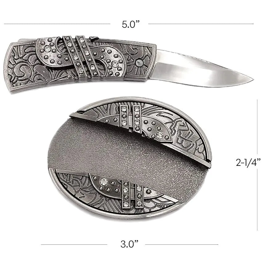 Decorative pocket knife with dollar sign design and measurements on a white background