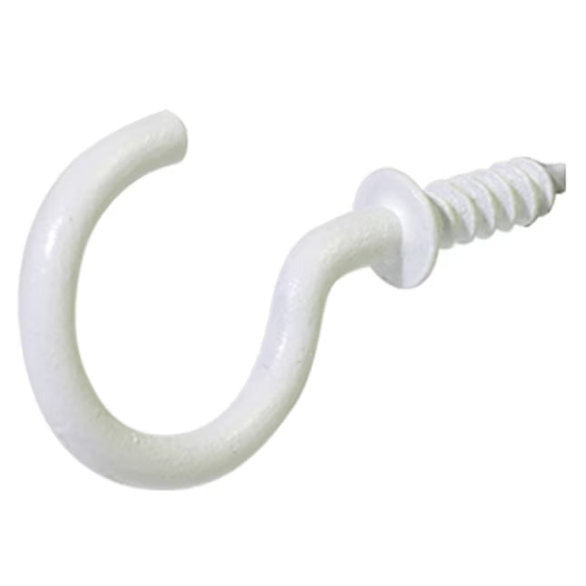 White metal hook that screws in and great for handing small things ike cups