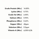 Nutritional label with protein, fat, carbohydrate, fiber, and vitamin content percentages.
