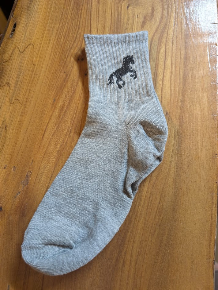Gray ankle sock with a horse on it.