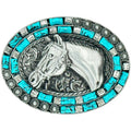A belt buckle with a horse head shaped design, featuring turquoise color beads and a silver background.