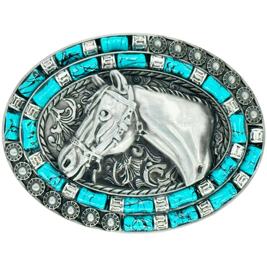 Horse Design Turquoise Beaded Western Belt Buckle