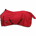 Close-up of Tough1 1200D waterproof turnout sheet with shoulder gussets, surcingles, and tail flap in red