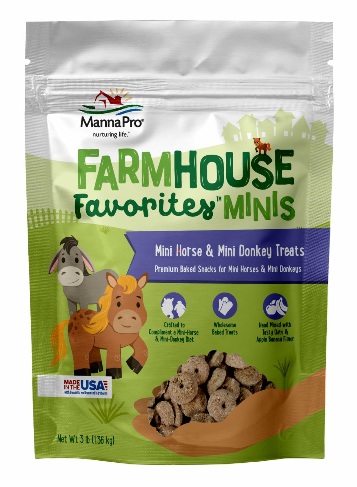Bag of Manna Pro Farmhouse Favorites treats for mini horses and mini donkeys with natural apple flavor
