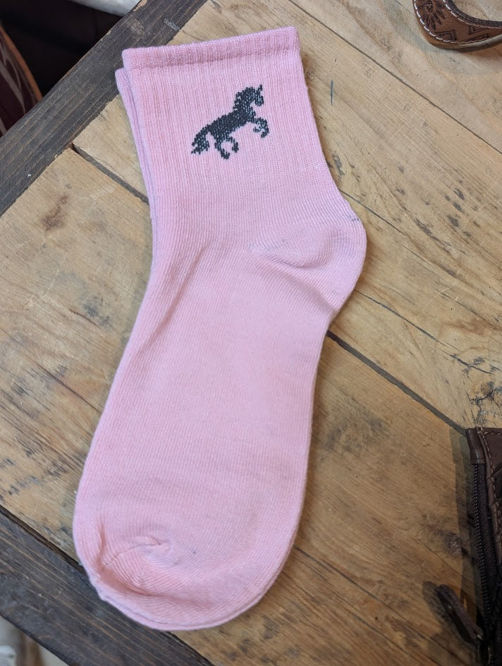 Pink ankle sock with a horse on it 