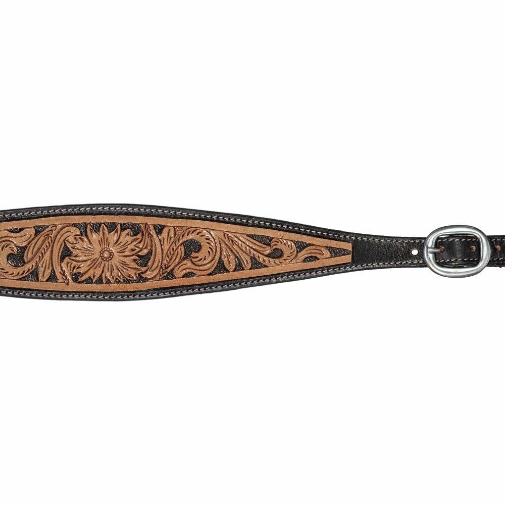 Western-style tooled wither strap in medium and dark oil leather combo