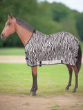 Close-up of zebra pattern fly sheet showing double buckle chest closure and mesh texture.