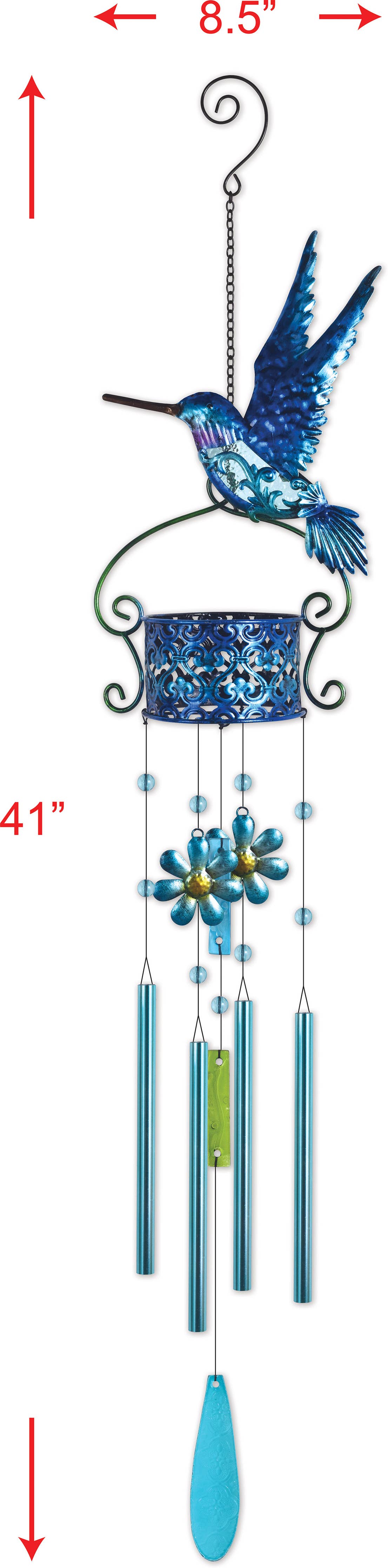Decorative wind chime with blue hummingbird design on a white background