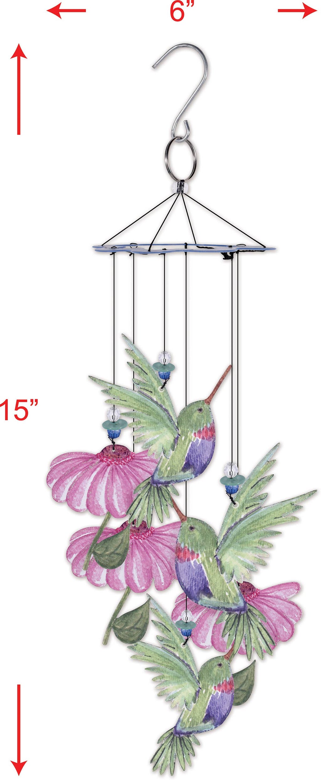 Decorative hanging wind chime with hummingbirds and flowers, showing dimensions on a white background.
