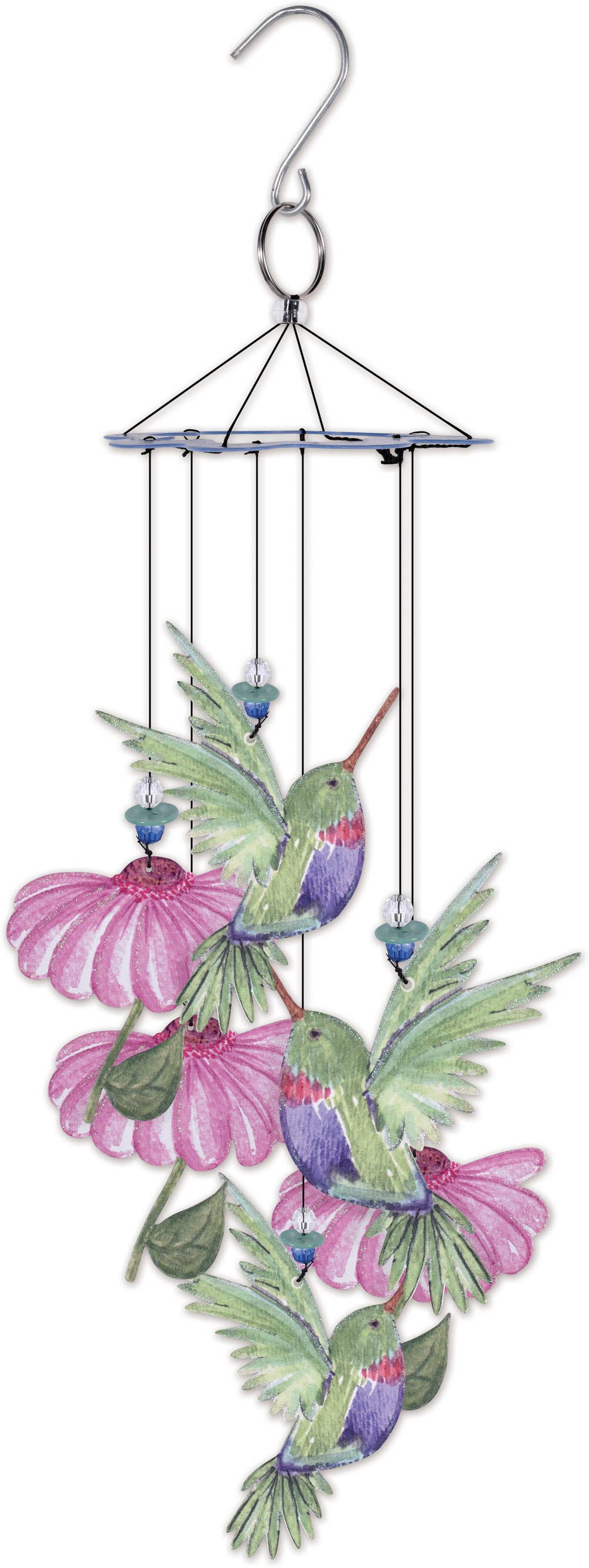 Decorative wind chime with hummingbird and flower design on a white background