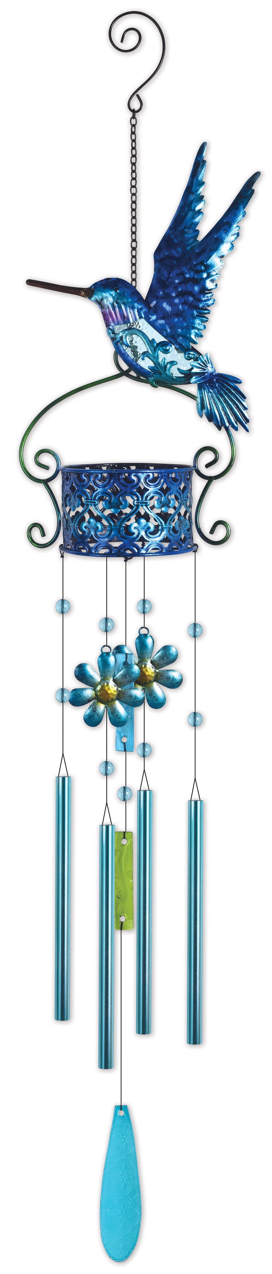 Decorative wind chime with a hummingbird design on a white background