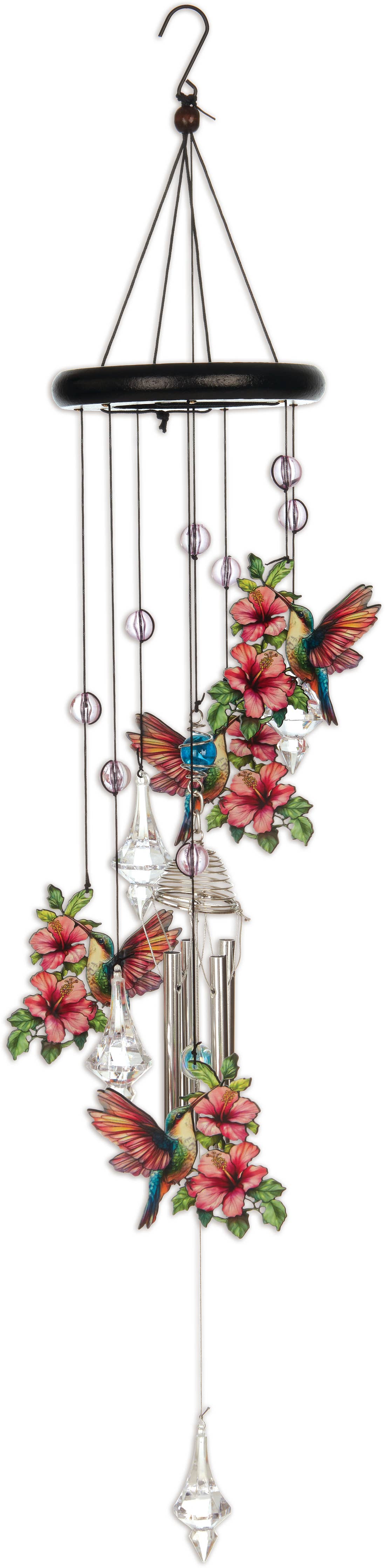 Decorative wind chime with floral and butterfly designs on a white background