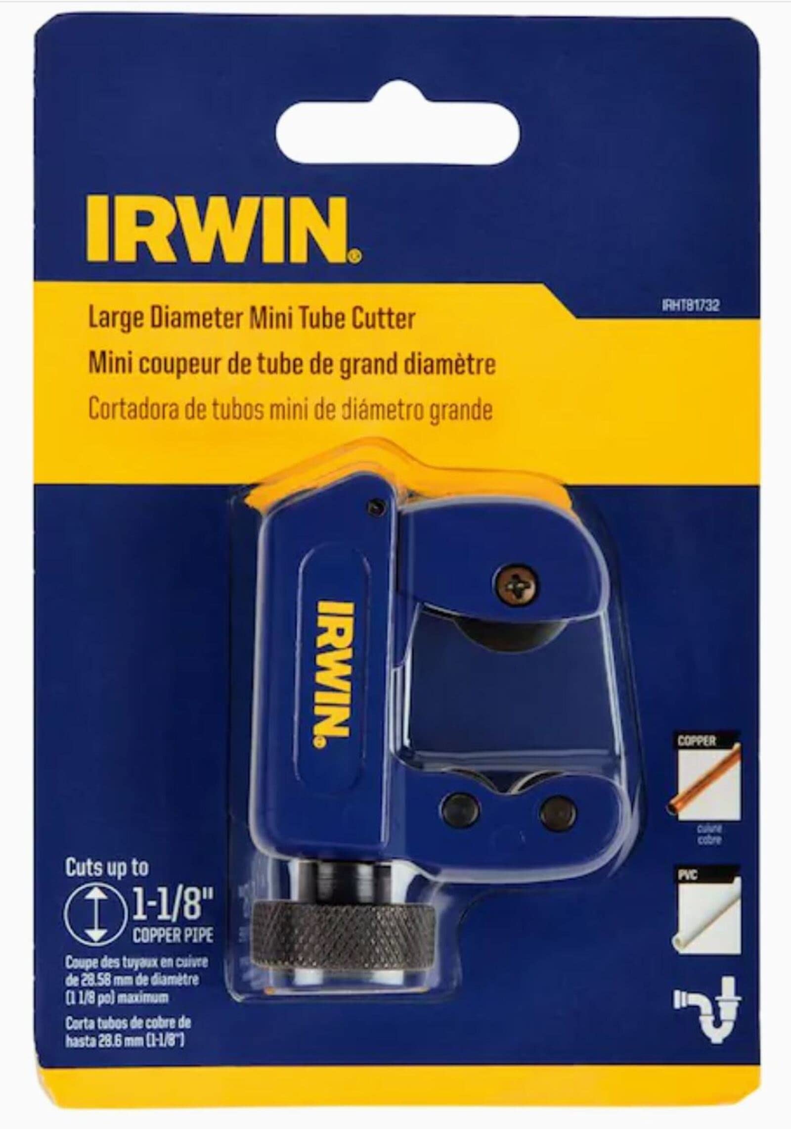 Irwin Large Diameter Mini Tube Cutter on blue and yellow packaging