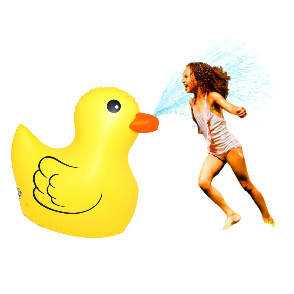 Inflatable yellow duck with water sprayer and person running 