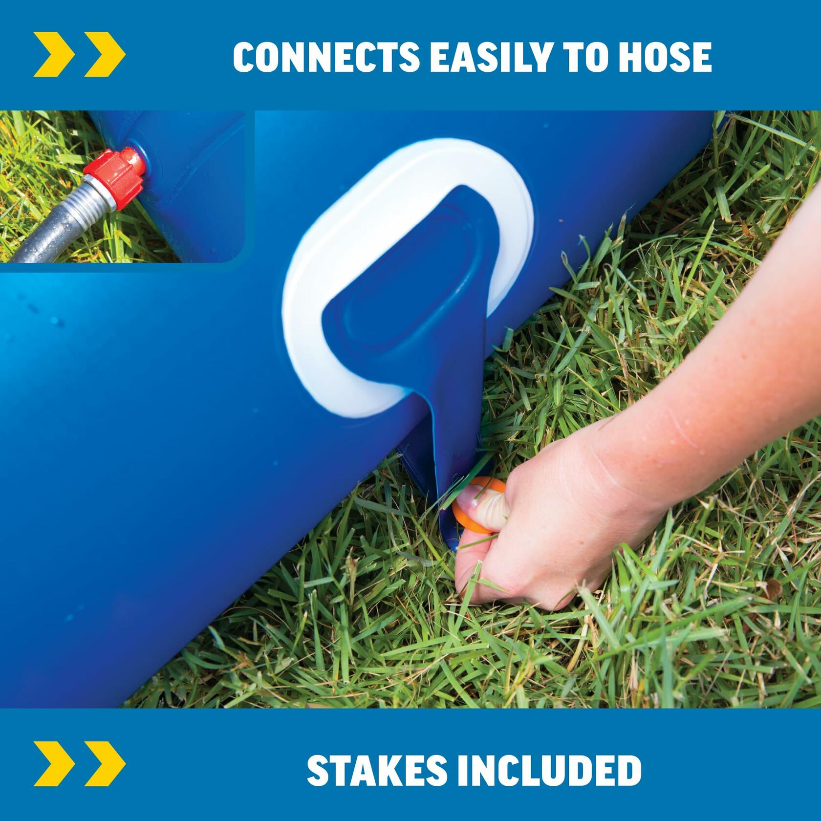 Blue garden tool with a hose connection feature on grass, highlighting ease of use and included stakes.