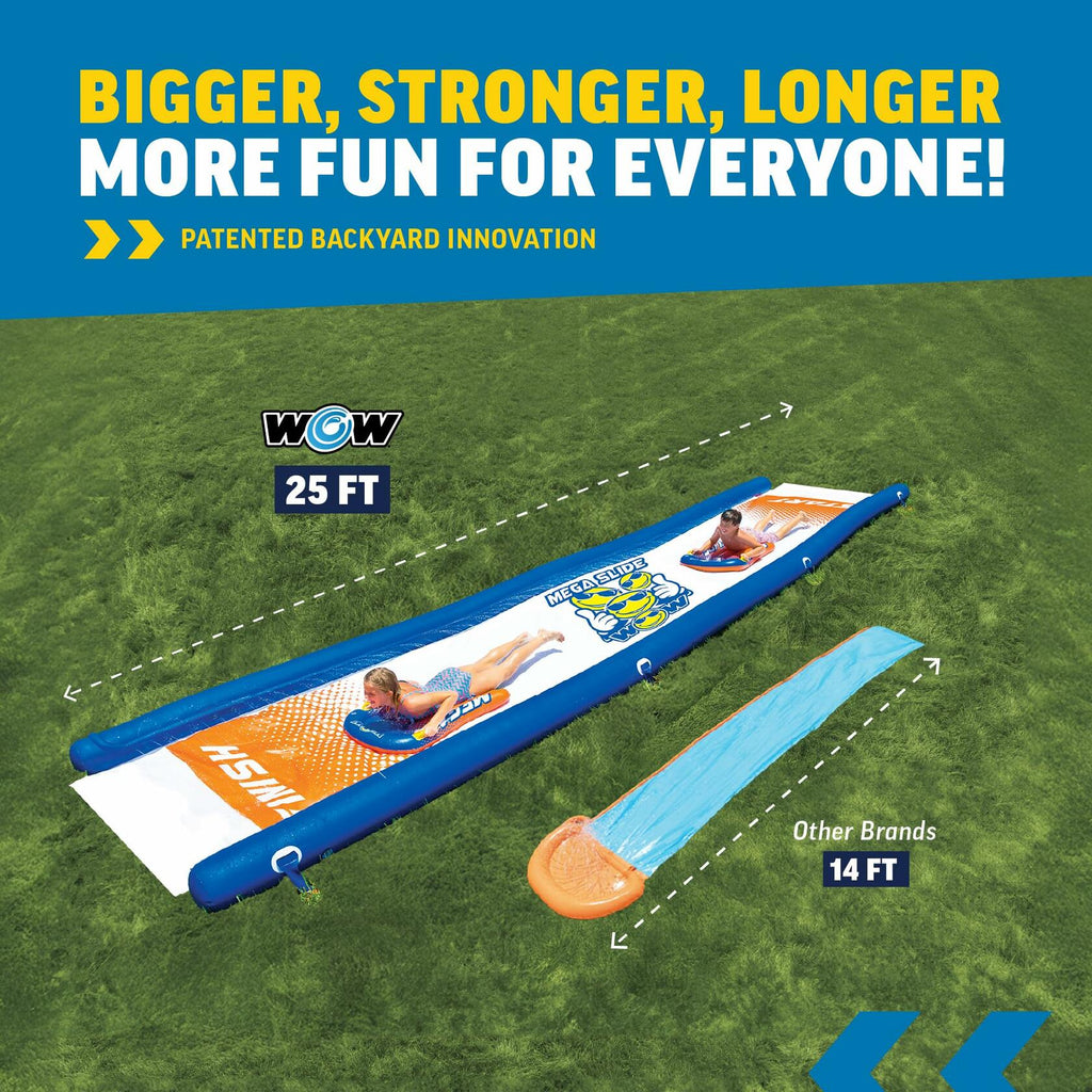 Inflatable water slide with Wow branding on a grassy background.