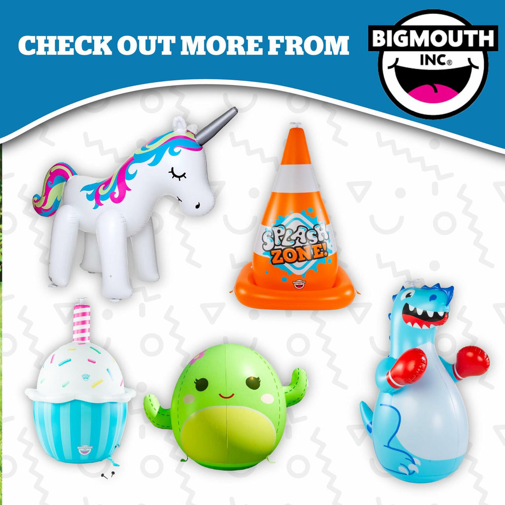 Inflatable toys including a unicorn, traffic cone, cupcake, cactus, and dinosaur 