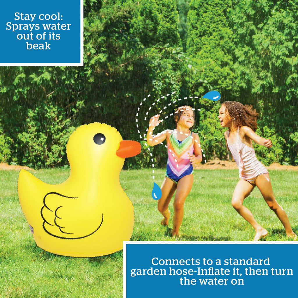 Inflatable yellow duck with a beak that sprays water, children playing 