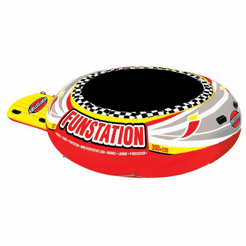 Inflatable trampoline with checkered pattern and 'Funstation' branding 