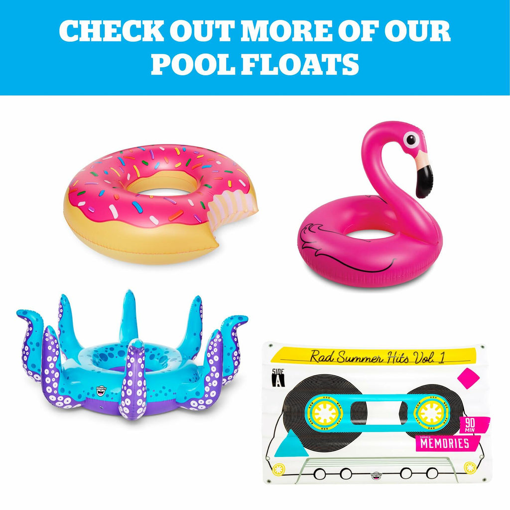 Four colorful pool floats including a donut, flamingo, octopus, and cassette tape design on a white background.