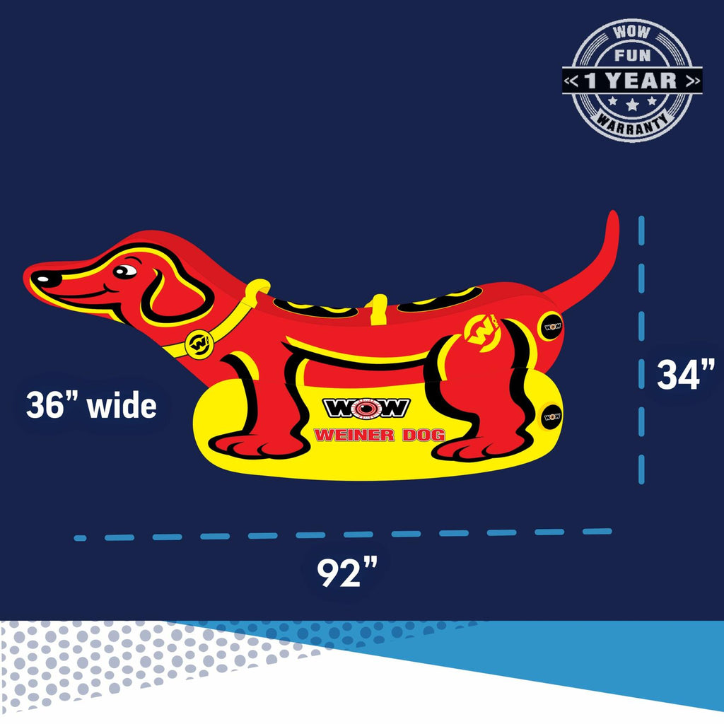 Red and yellow inflatable dog toy with dimensions