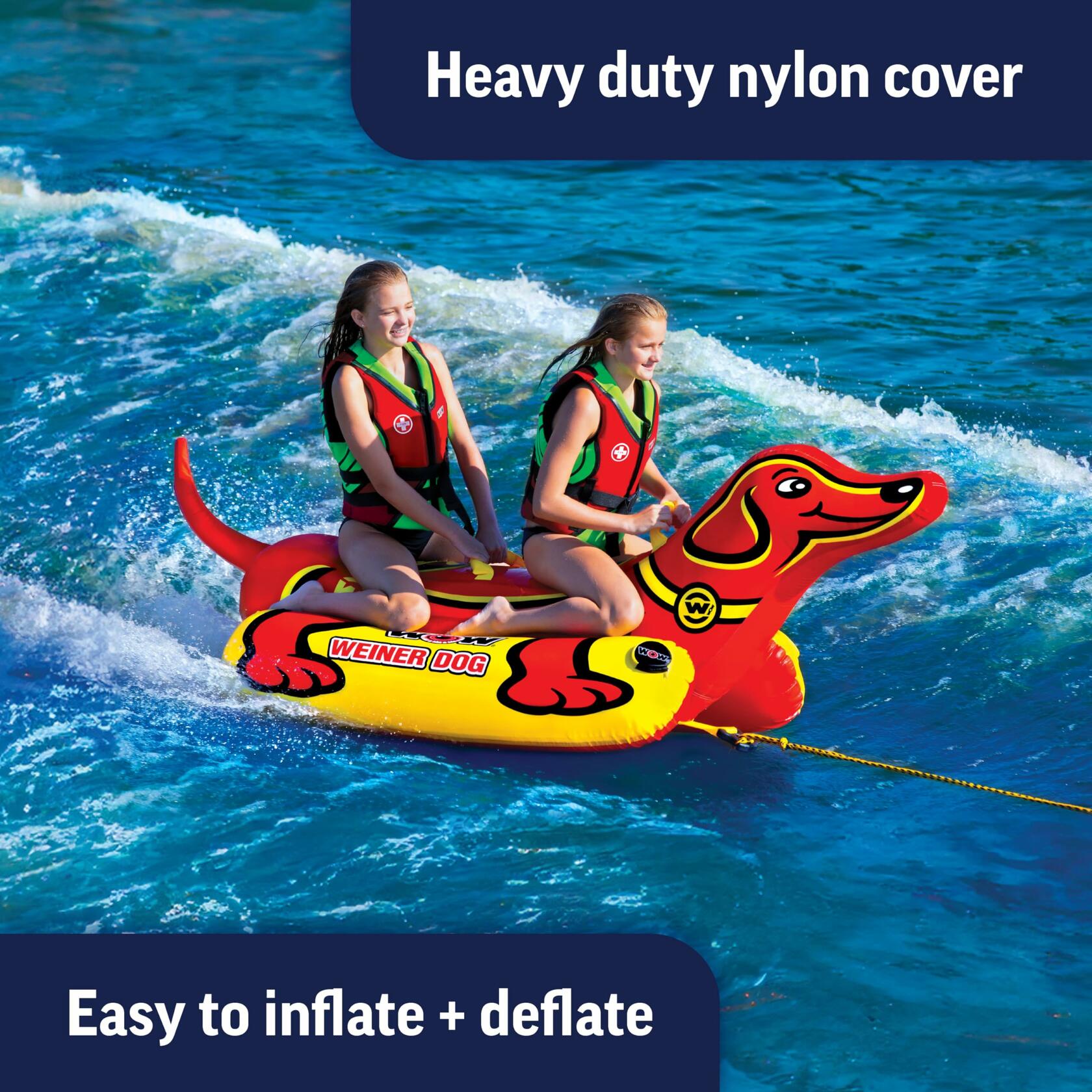 Two people on a red and yellow 'Weiner Dog' inflatable towable tube in the water 