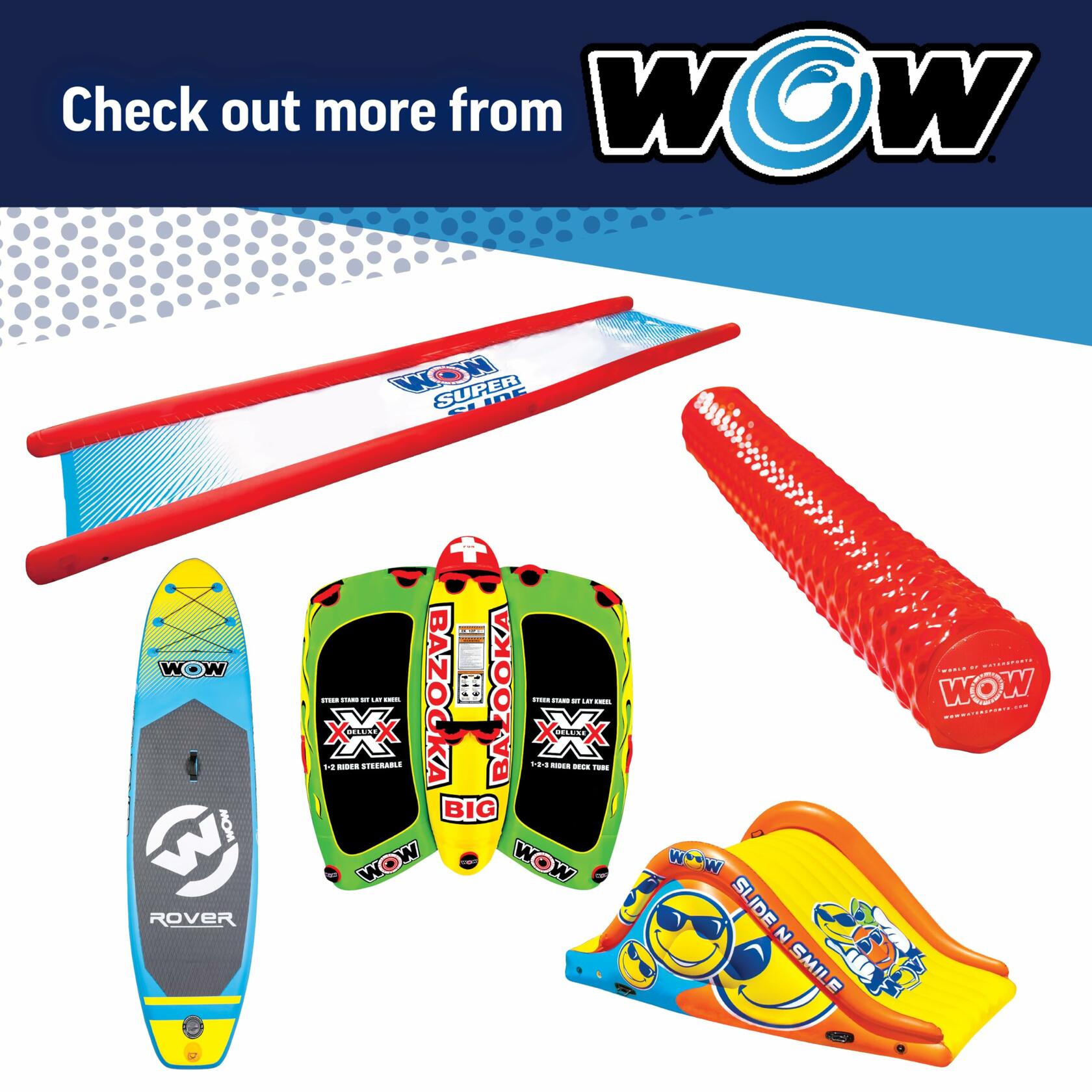 Colorful outdoor toys including a surfboard, slides, and ramps with WOW branding on a blue and white background.