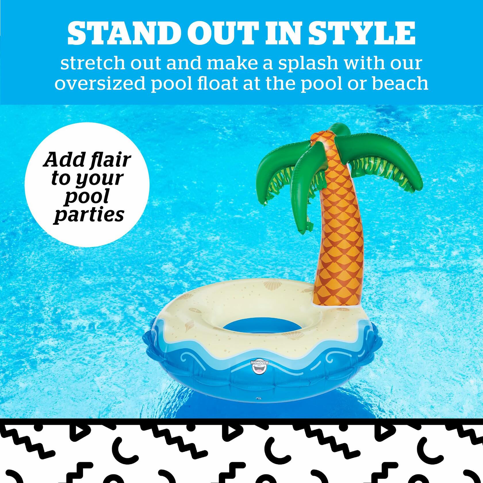 Inflatable palm tree pool float on a blue water background.