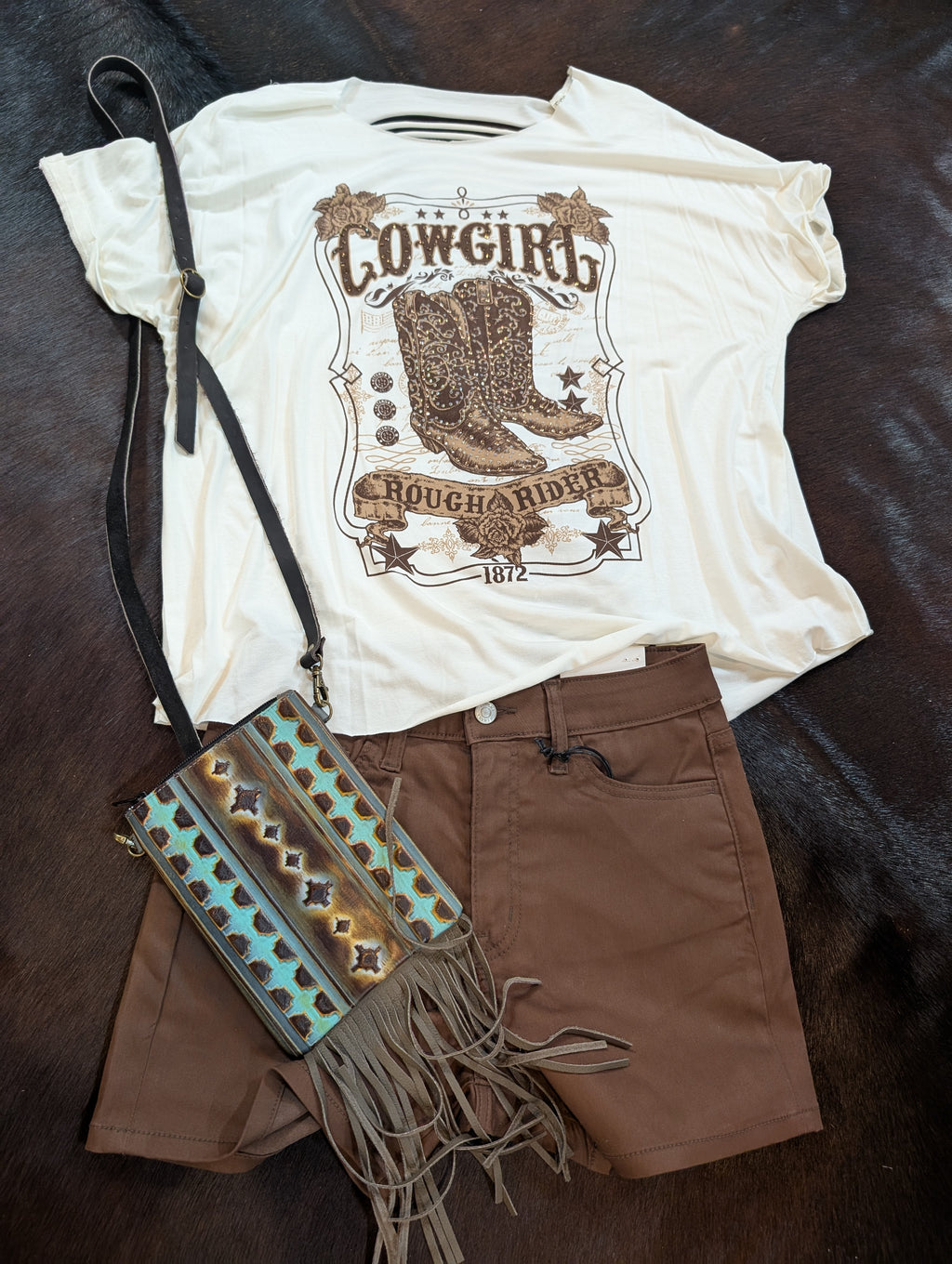 Cowgirl, Shirt, Western-style ivory tee with boot print and soft knit fabric