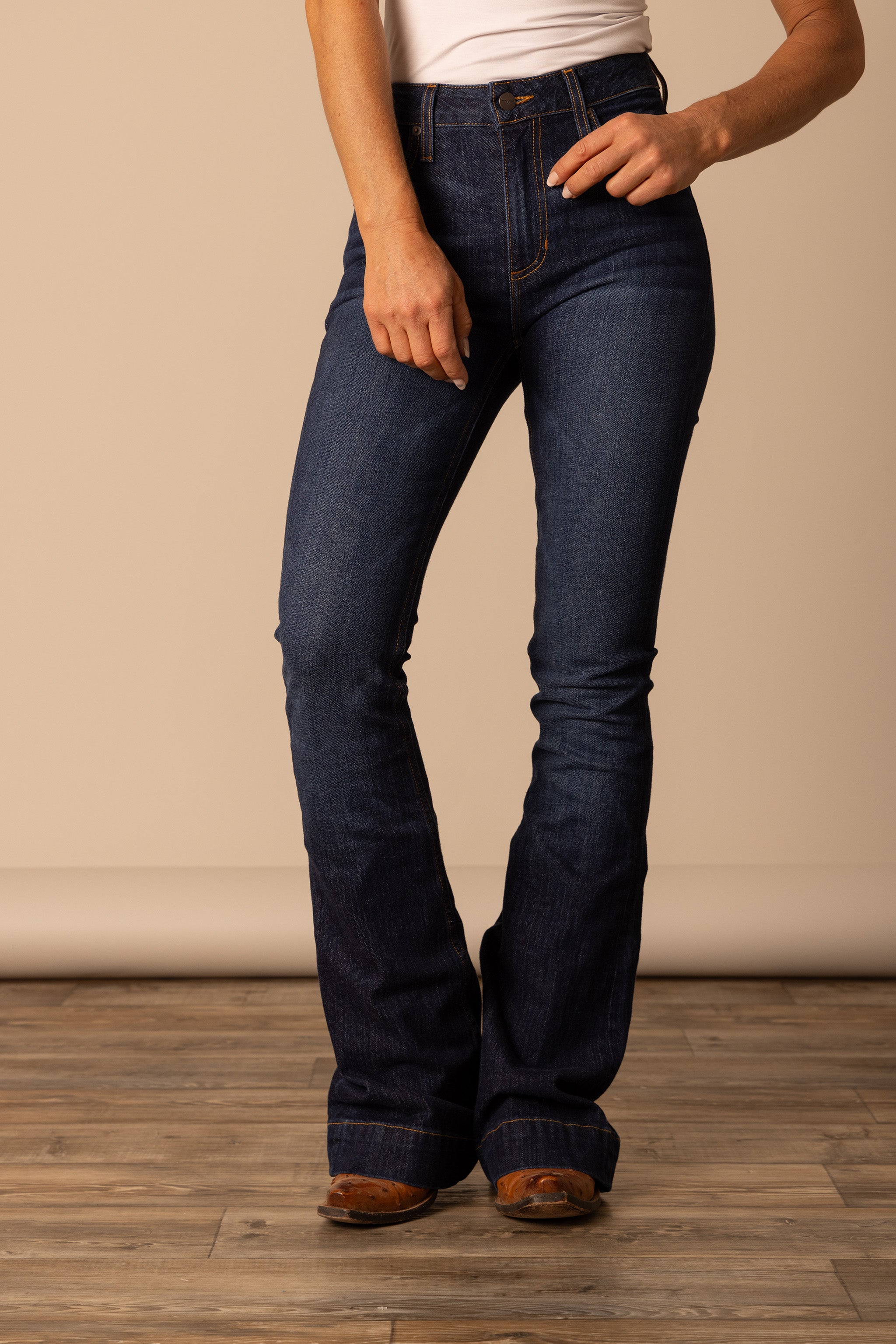 Jennifer's higher rise and 99% cotton, 12.5oz denim means a this style has more structure with less stretch than other Kimes Ranch styles.