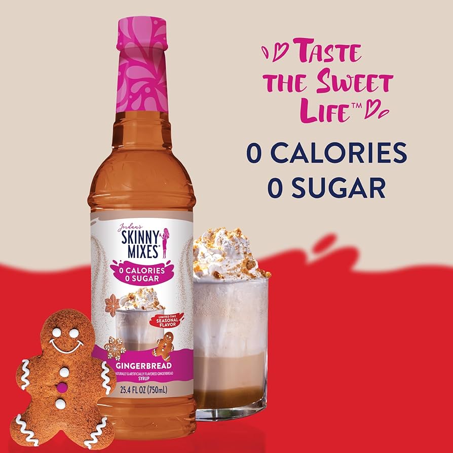 Bottle of Skinny Mixes gingerbread syrup with a glass of gingerbread latte and gingerbread man on a red and beige background.