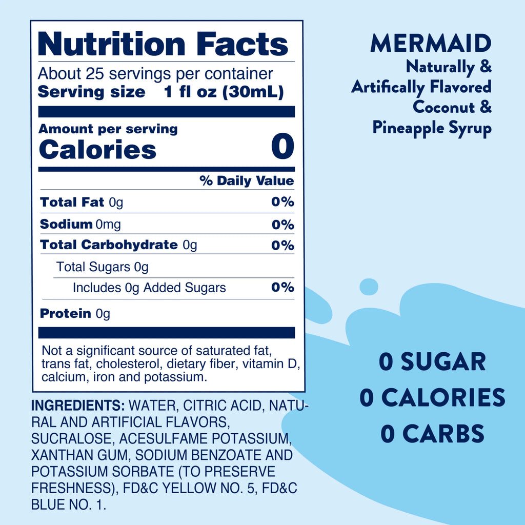 Skinny Mix Nutrition facts label for Mermaid syrup 
