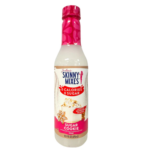 A bottle of Jordan's Skinny Mix Sugar Free Sugar Cookie Syrup, 12.7fl oz, with a pink label and cap.