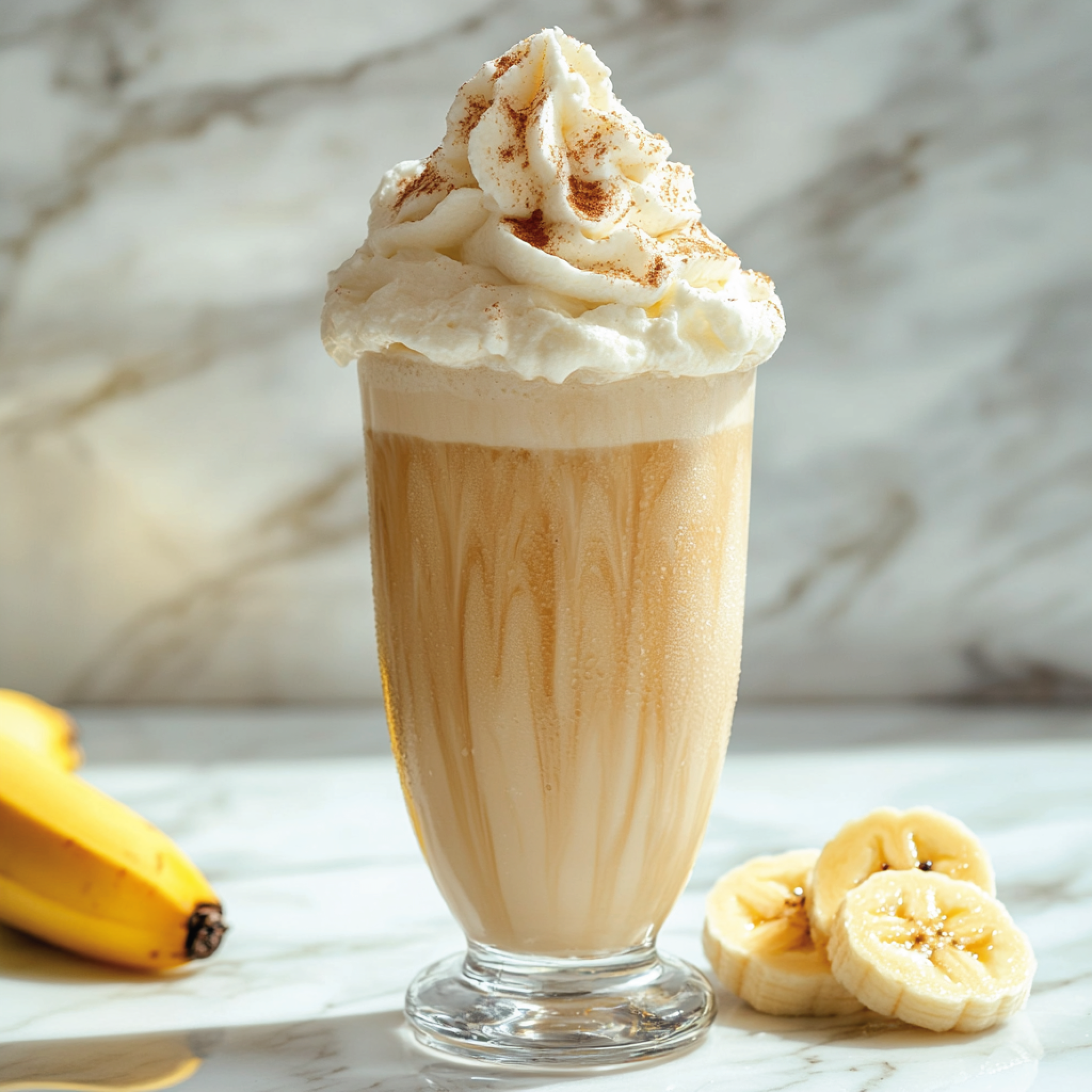 Banana milkshake with whipped cream and cinnamon on a marble surface