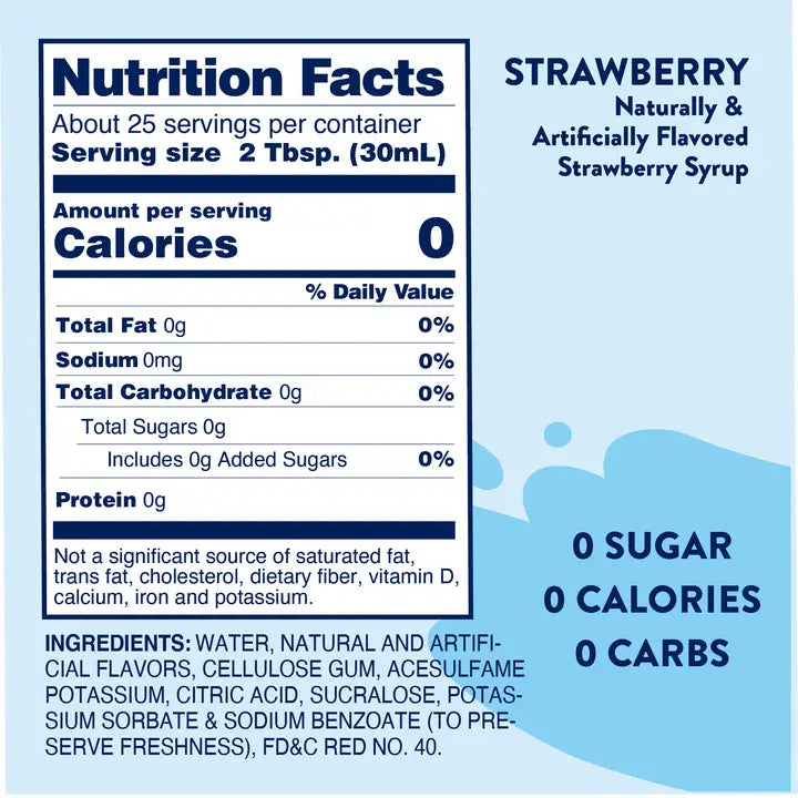  Close-up of Jordan’s Skinny Mix Strawberry Syrup label highlighting “0 Calories – 0 Sugar – 0 Carbs.”