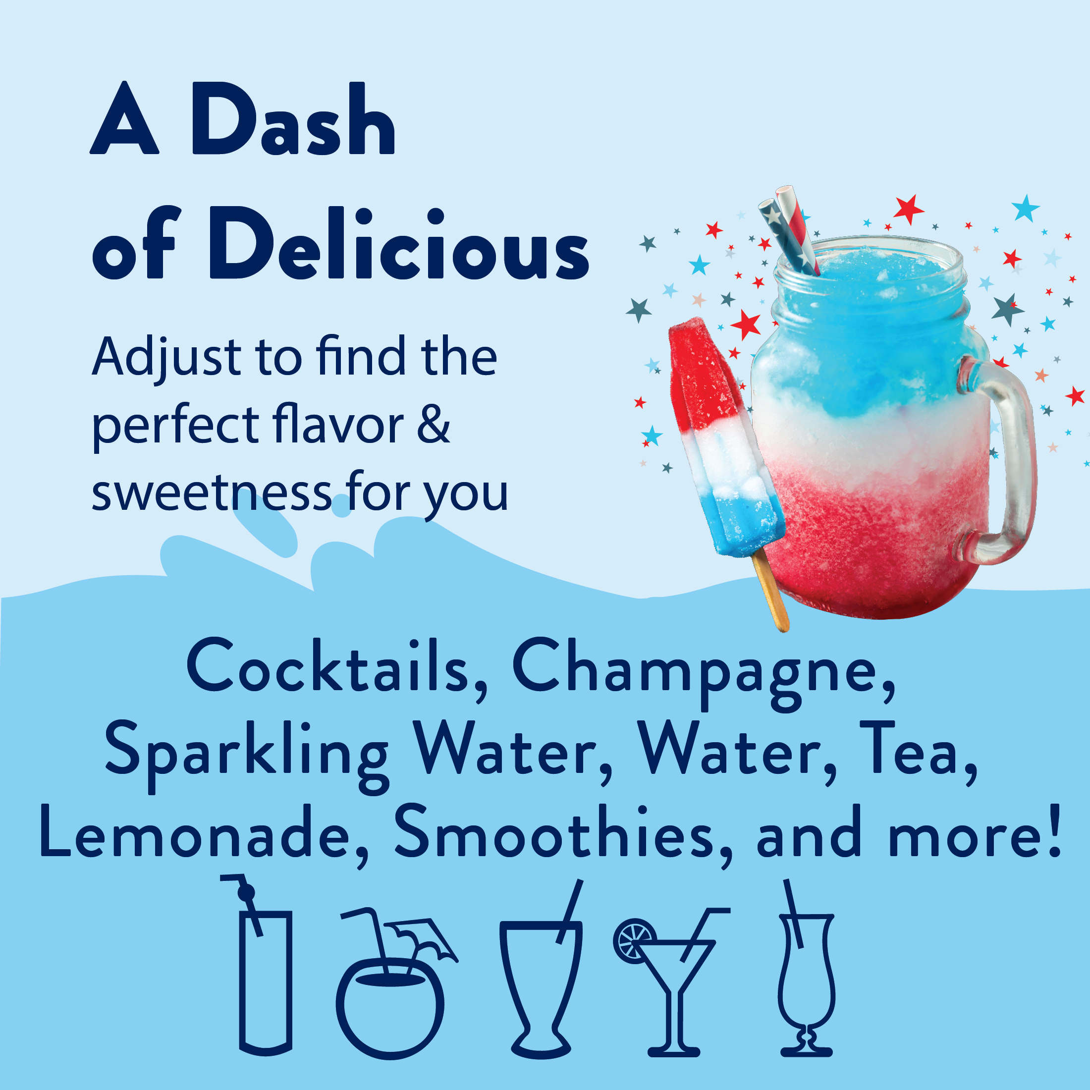Sparkling drink with ice and layered rocket pop colors in a clear glass with striped straw.