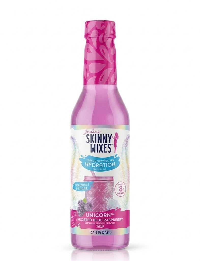 Jordans Skinny Mixes unicorn frosted blue raspberry drink mix in a 375 fl oz bottle.