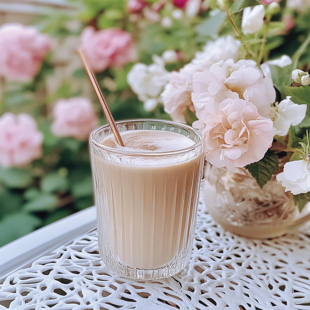 Glass of creamy beverage Jordan's Skinny Mix Vanilla Almond Syrup using  with a straw on a white lace tablecloth, surrounded by flowers.