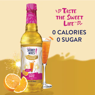 Citrus Spritz syrup being poured into a clear glass of iced sparkling water with orange slices.