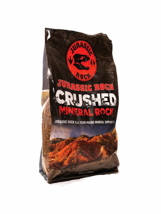 Bag of Jurassic Rock crushed mineral salt lick for deer and wildlife, featuring natural trace minerals.
