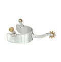 A polished stainless steel equitation spur with brass swivel buttons and a wide band.